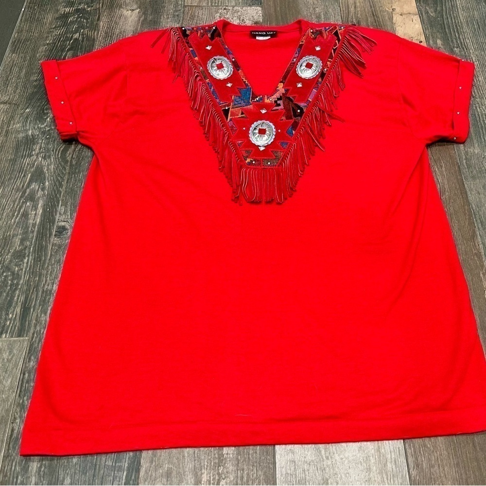 Hang ups Vintage Western Fringe Conchos Suede Metal Grommets Shirt Sz M
